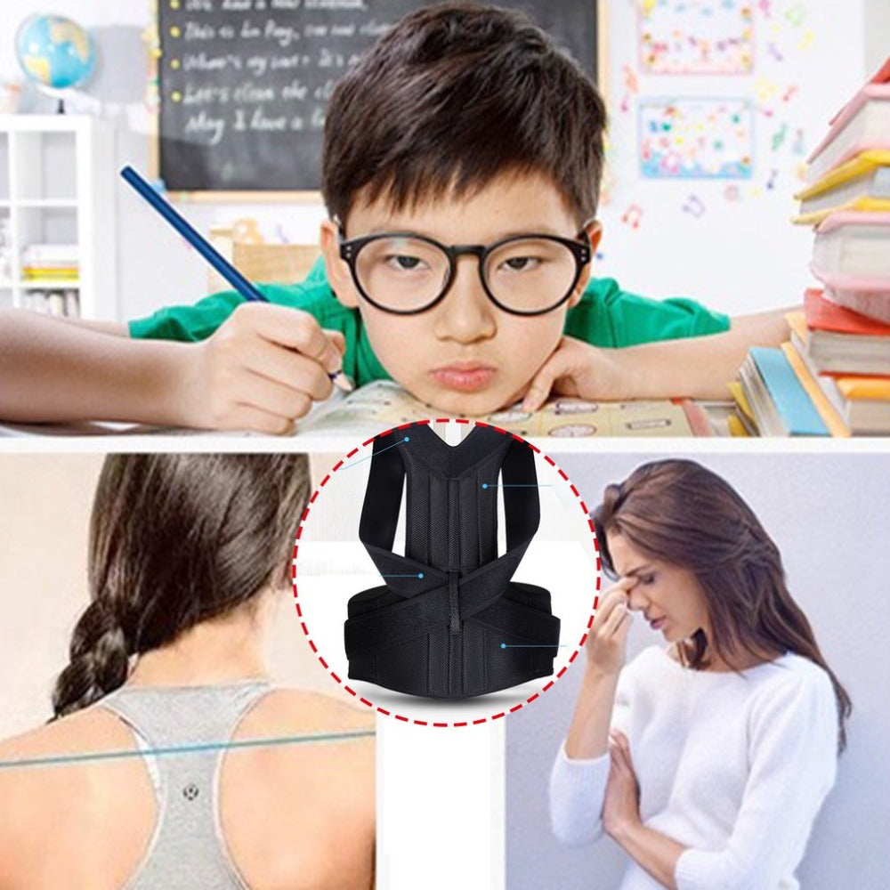 Collage of a child with poor posture, a back brace, and a woman with poor posture, all set against educational backgrounds.