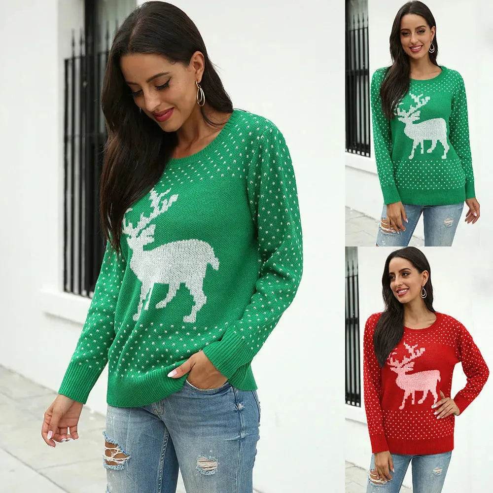 Fawn Reindeer jacquard christmas sweater Round neck women - EX-STOCK Canada