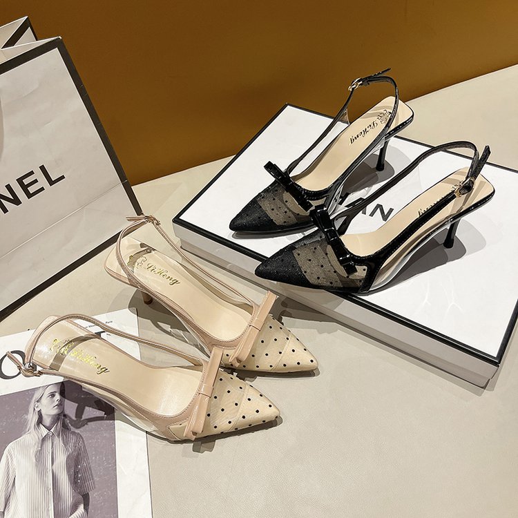 2026 Neue Ankunft Geschlossene Damenabsätze, Sommer Offene Spitz-Toe Stiletto-Sandalen mit Schleife & Tüll, Sexy Einzel-Pumps