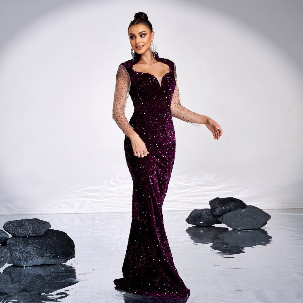 Long Sleeve Banquet Sequined Rhinestone Mermaid Party Dress - EX-STOCK Canada