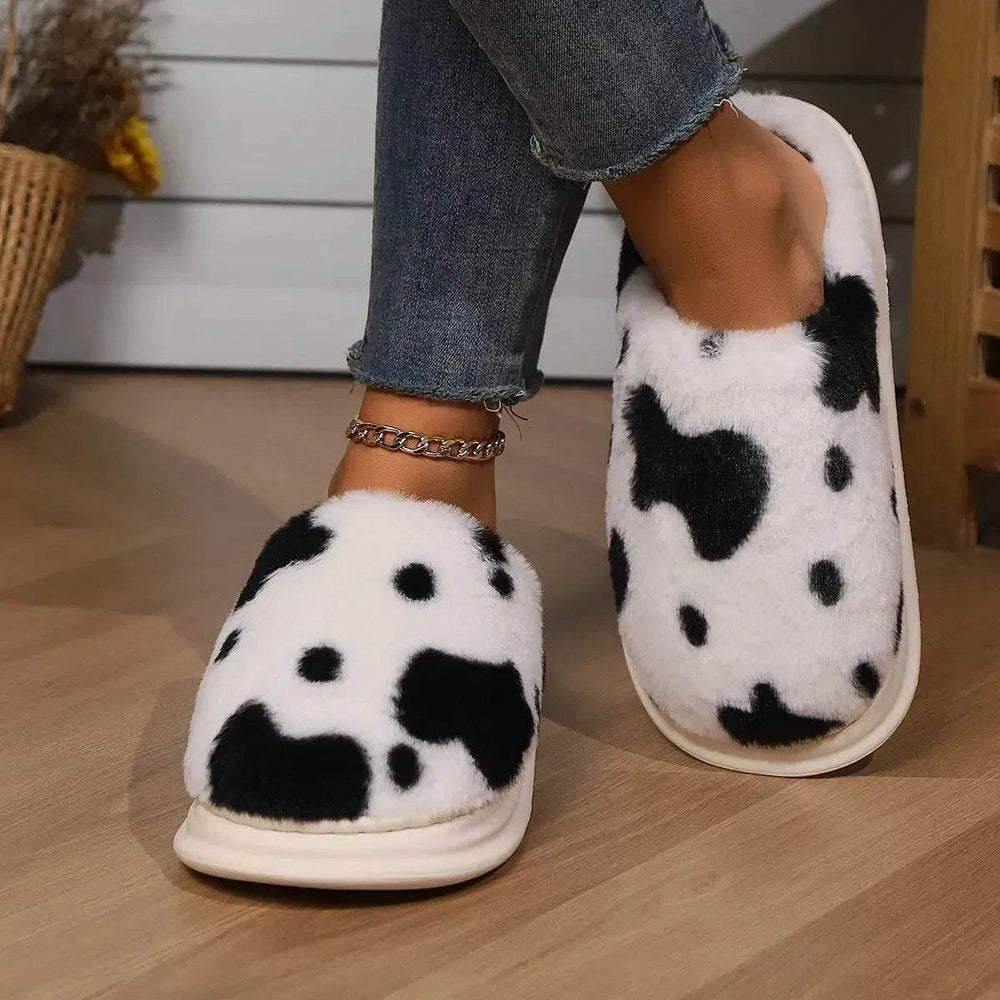 Cute Cow Spotted Plush Slippers Winter Warm Non-slip Bedroom Floor Fuzzy Slipper Couple Women House Shoes - EX-STOCK Canada