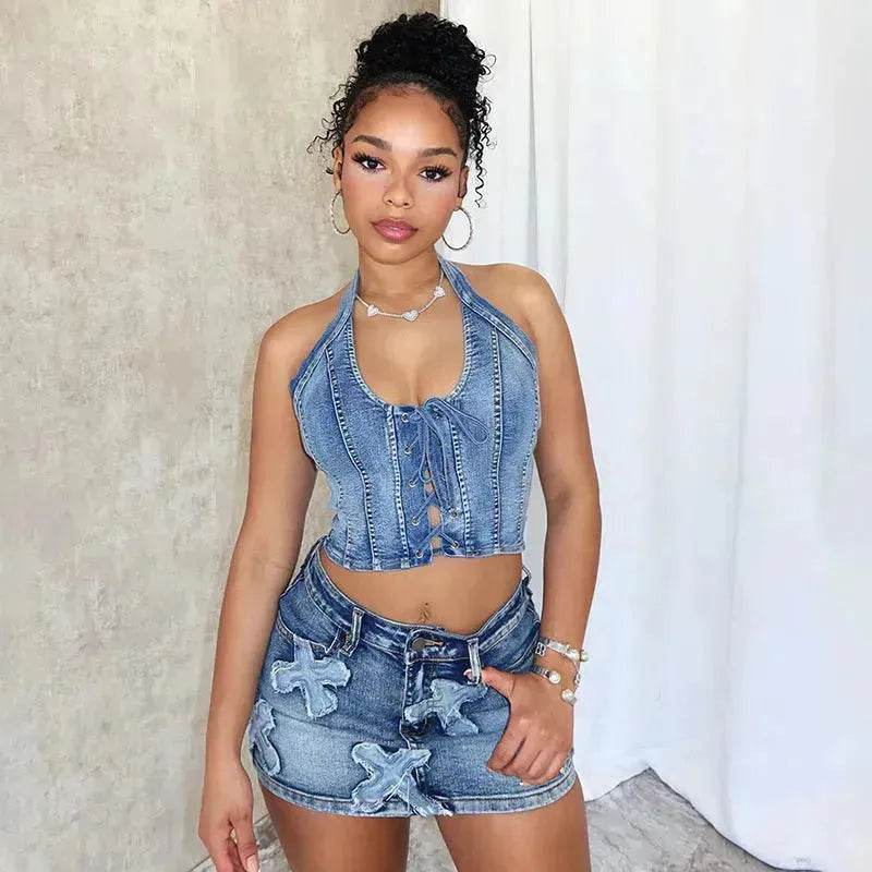 Chic Denim 2 piece Denim Skirt set Jean 2 piece set for Women Sleeveless crop top and Skirt - EX-STOCK Canada