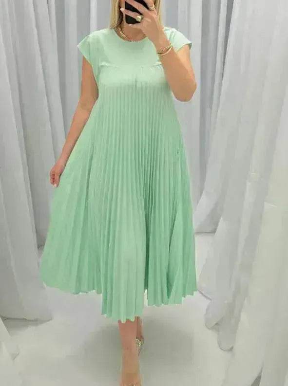 Women Summer Pleated Maxi Dress Casual Short Sleeve Crewneck Flowy Swing Long Dress with Pockets - EX-STOCK Canada