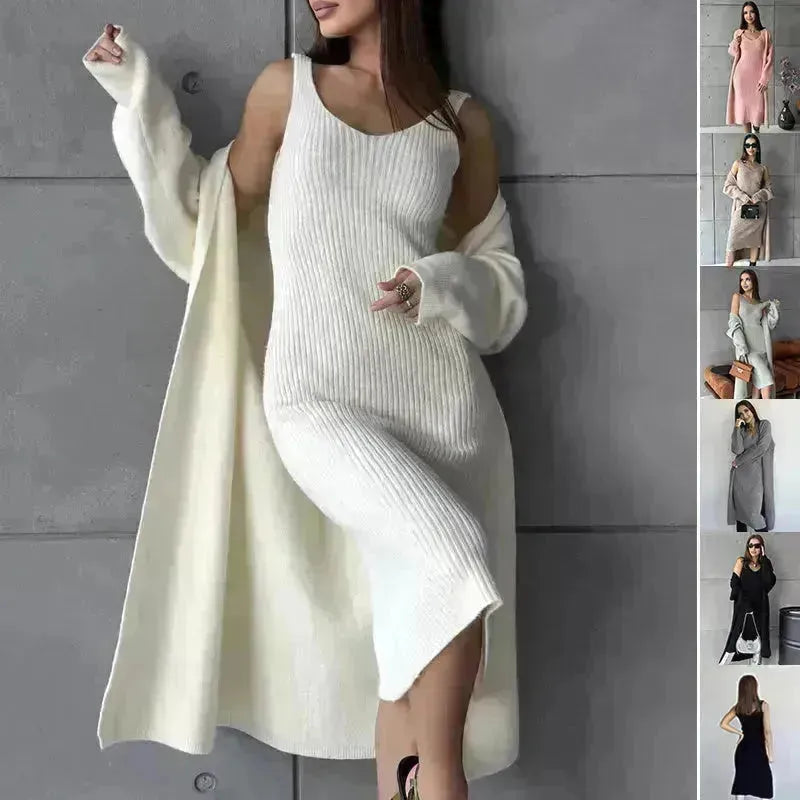 Femmes 2pcs Hiver tenue ensemble Long Dress Cashmere Long Cardigan Veste
