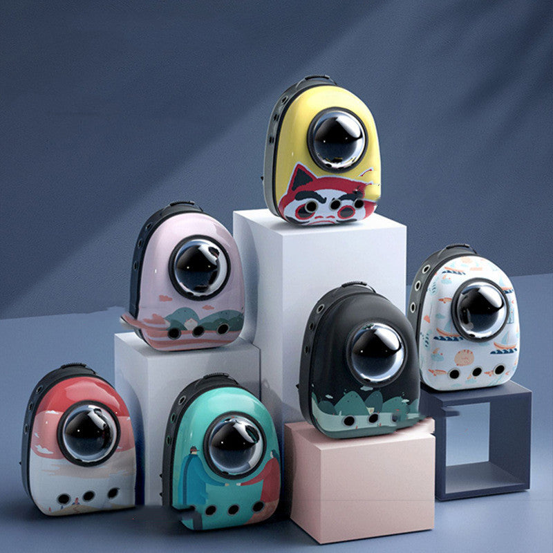 Colorful mini speakers on geometric blocks against a gradient blue background