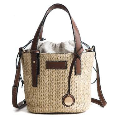 new summer women's bag hand-woven contrast color bucket straw bag cylinder handbag diagonal shoulder beach bag EX-STOCK Canada