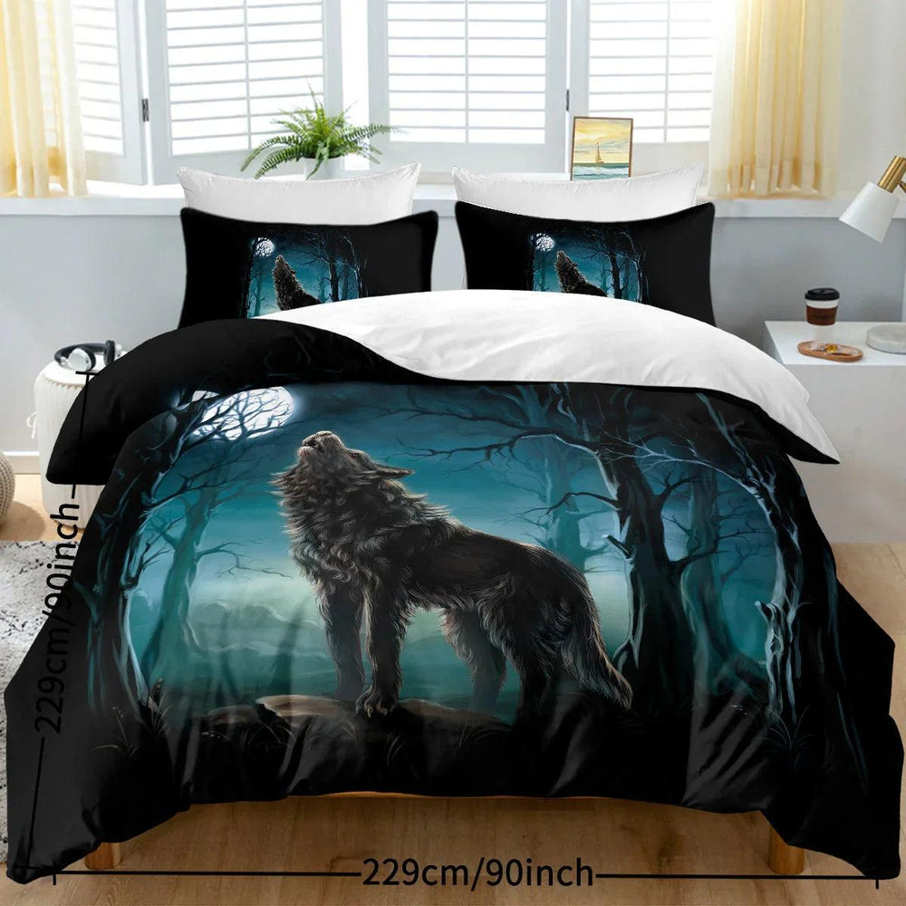 Linge de lit Moon Wolf Vert Aquarelle Forêt Paysage Loup Housse de Couette Ensemble 3 Pièces Ensemble de literie Animaux Sauvages Taille Simple Double Queen KingEX-STOCK Canada