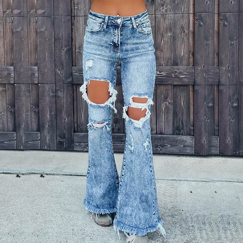 Blue Denim Ripped Flare Jeans pant for Women Raw Hem Pant - EX-STOCK Canada