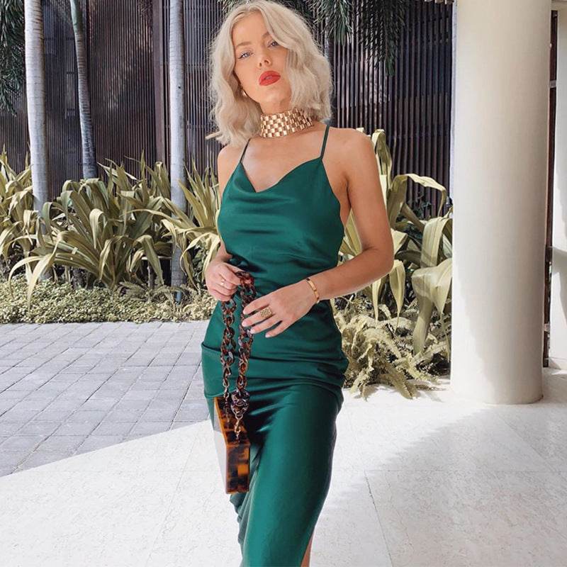 Women's Satin Drape Cowl Neck Sleeveless summer dress Strappy Cami Split Slit Party Midi Dress - EX-STOCK Canada