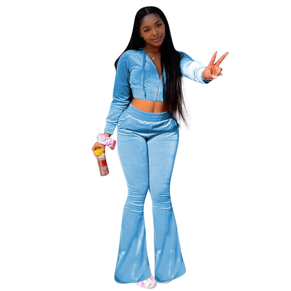 Women 2pcs Velvet Hoodie Wide leg Pant Crop top sweatsuit Athleisure Outfit - EX-STOCK Canada