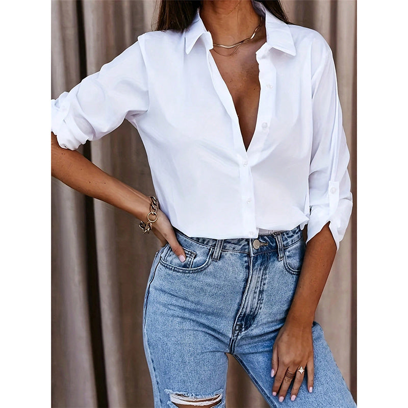 Women's Casual Long Sleeve Button-Down Shirt With Roll-Up Sleeves, Stylish Mid-Length Blouse For Everyday Wear EX-STOCK