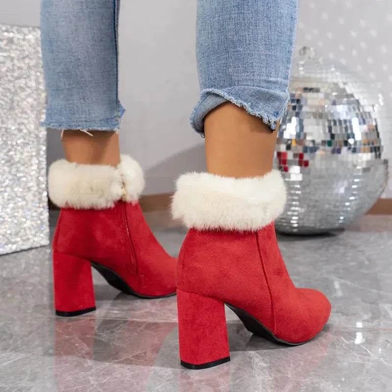New Plaid Print Plush Ankle Boots Winter Fashion Square Heel Suede Boots Women Casual Versatile Shoes Autumn And Winter - EX-STOCK Canada