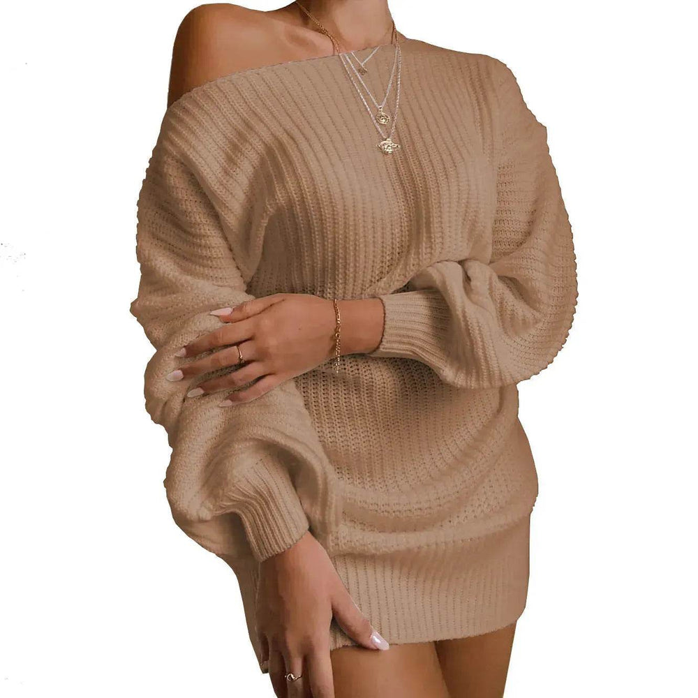 Autumn Winter Slant Shoulder Off Lantern sleeve Mini knitted wool sweater dress - EX-STOCK Canada