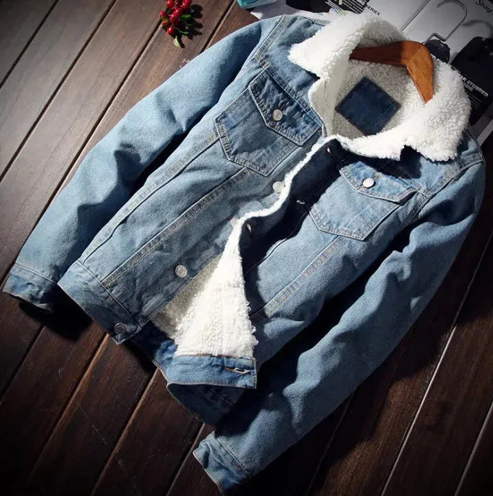 Denim Bomber Jacket with Fur Men Black High Quality Fashion Jeans Jacket Fleece Winter Jeansjacke Herren Men Blue Oversized - EX-STOCK CANADA