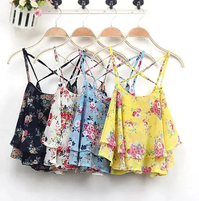 Women Summer Strap Floral Print Chiffon Blouse Tops Retro Floral Cross-Shoulder Shirts Sleeveless T - EX-STOCK CANADA