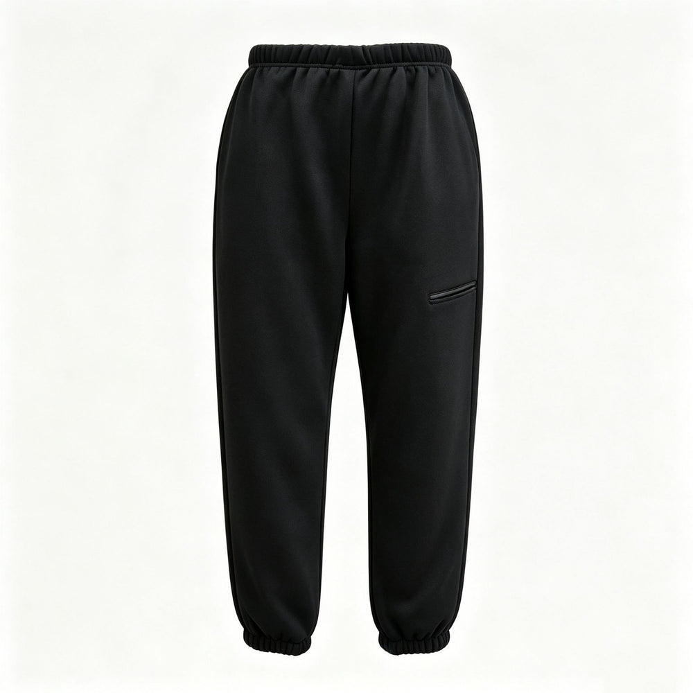 Black jogger-style pants with an elastic waistband, tapered legs, elastic cuffs, and a zippered pocket on one leg, shown against a plain white background.