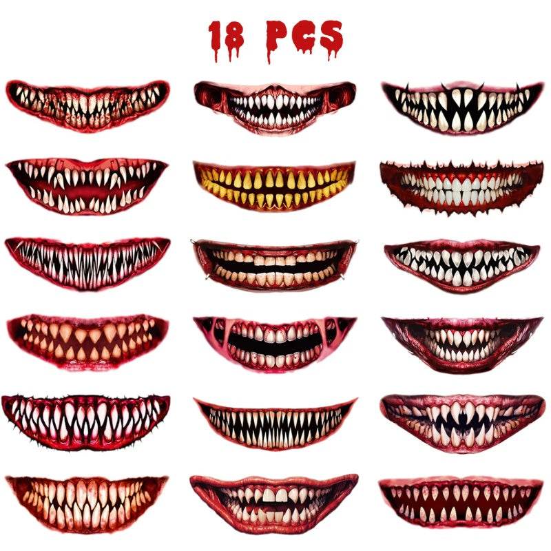 18 Sheets Halloween Temporary Tattoo Stickers 18 Styles Realistic Face Tattoo Face Stick Horror Prank Props Make Up Face Decals Cosplay Decor For Halloween Trick Or Treat Party Costumes Party - EX-STOCK Canada