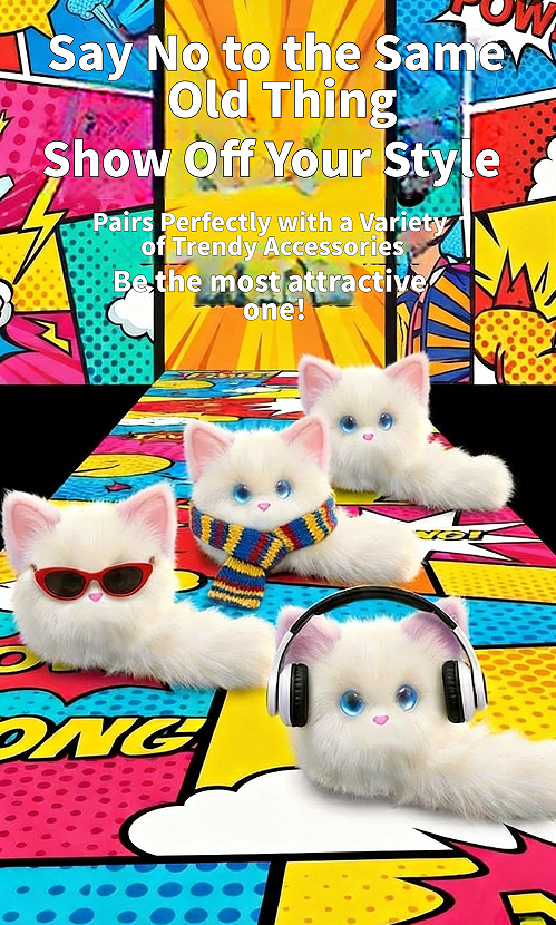 Three fluffy white toy cats posed on a bright comic-book style mat with bold text above reading 'Say No to the Same Old Thing Show Off Your Style.' The cats wear accessories: one pair of red sunglasses, one striped scarf, and one pair of black headphones.