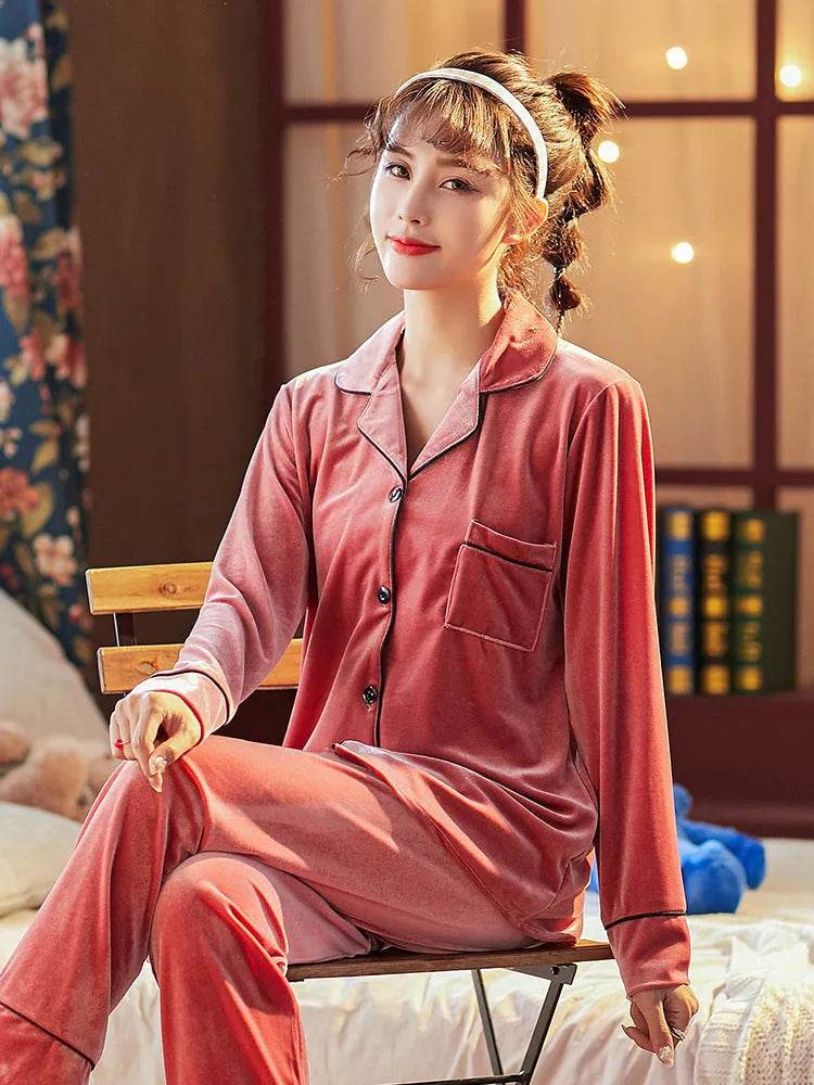 2pcs Couple Gold Velvet Long Sleeve Pajamas set - EX-STOCK Canada