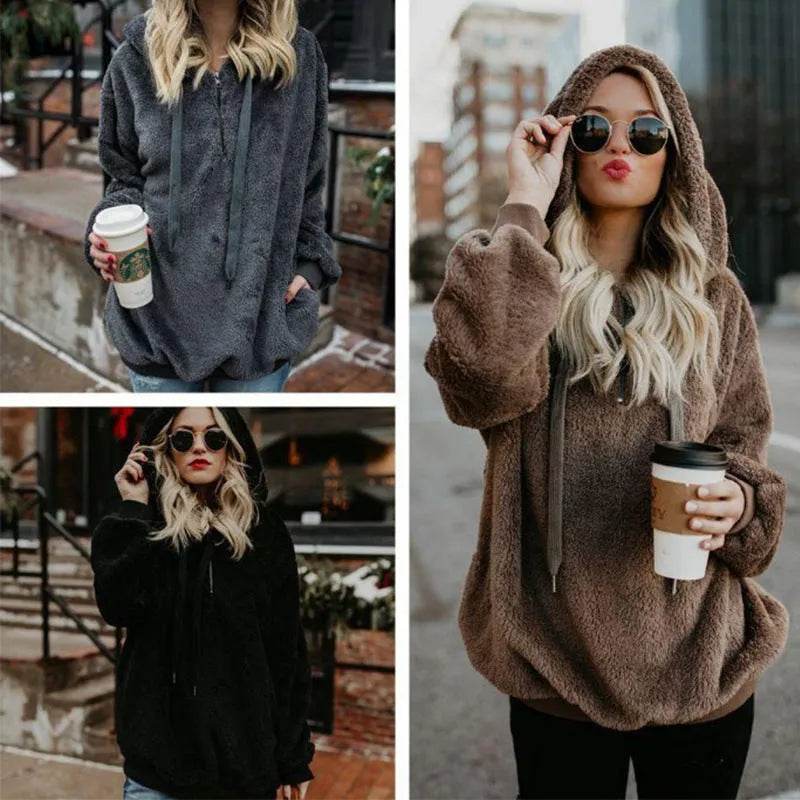 Women's Polerones Fleece Hoodie Pullover fall Winter Zipper Pocket Sweatshirt - EX-STOCK Canada