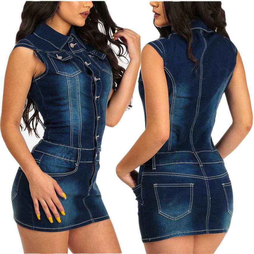 Chic Club Mini Jeans Dress Button down short sleeve Denim Hip dress - EX-STOCK Canada