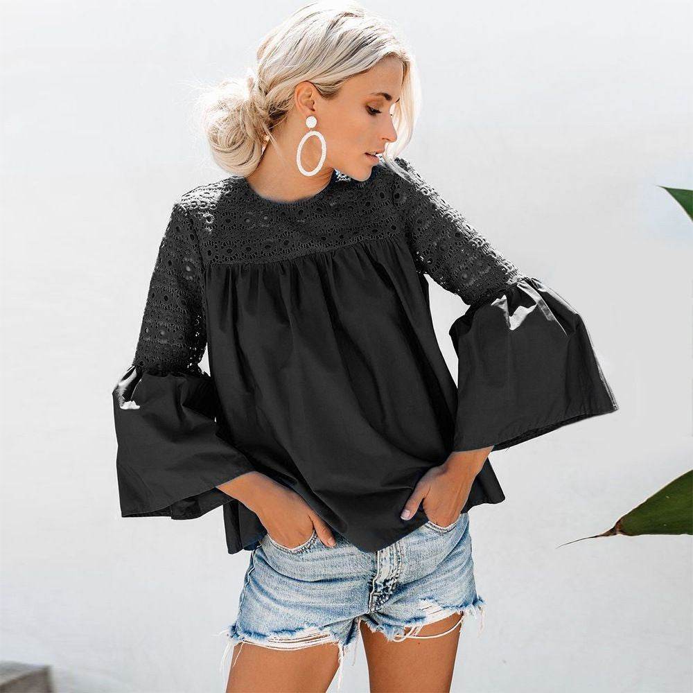 New fashion tops round neck women Ruffle Lace blouse Elegant Summer top - EX-STOCK Canada