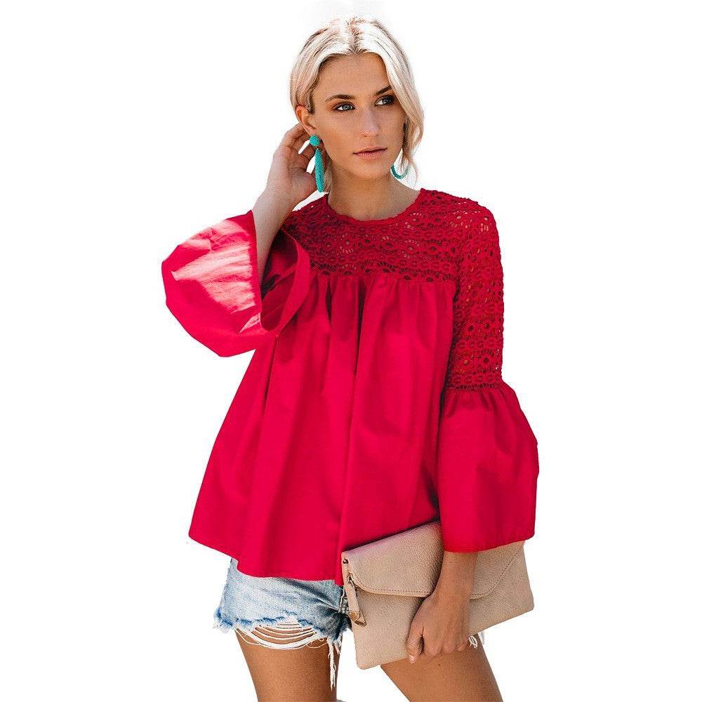 New fashion tops round neck women Ruffle Lace blouse Elegant Summer top - EX-STOCK Canada
