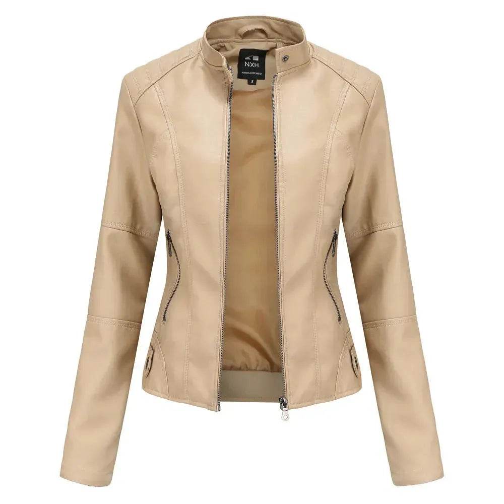 Fashioned European and American Slim fit stand collar Leather jacket for women - EX-STOCK Canada