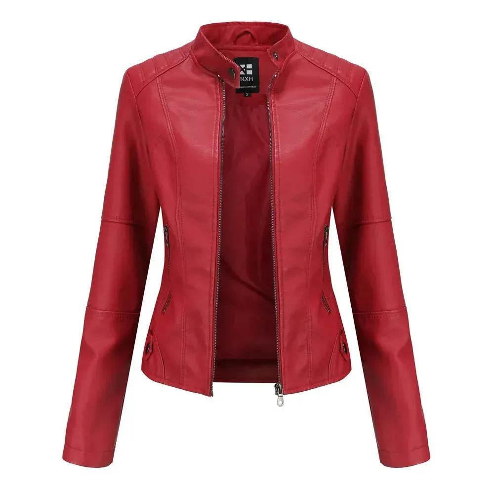 Fashioned European and American Slim fit stand collar Leather jacket for women - EX-STOCK Canada