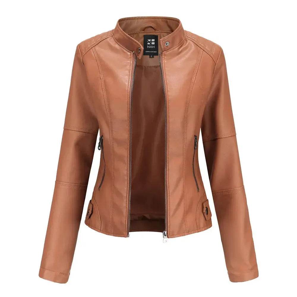 Fashioned European and American Slim fit stand collar Leather jacket for women - EX-STOCK Canada
