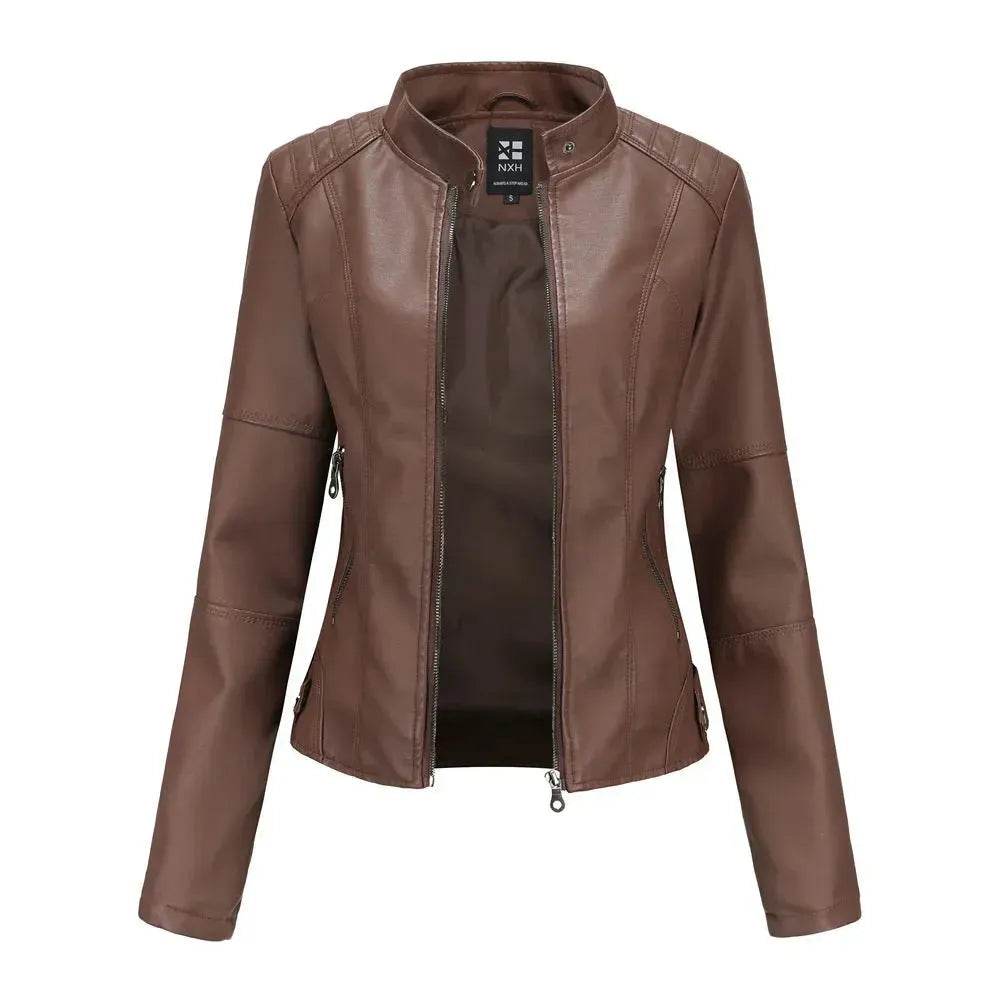 Fashioned European and American Slim fit stand collar Leather jacket for women - EX-STOCK Canada