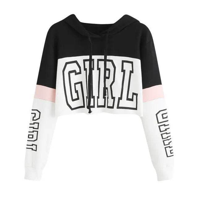 Girls Fashion Hoodie Crop Top Sweatshirt Pullover Women Patchwork - EX-STOCK Canada