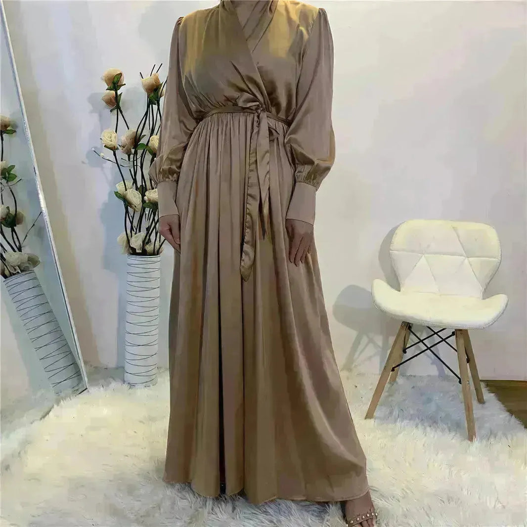 Elegante colore del scollo a V Dubai Abaya Turchia in raso Abaya per abito in Medio Oriente arabo per donne