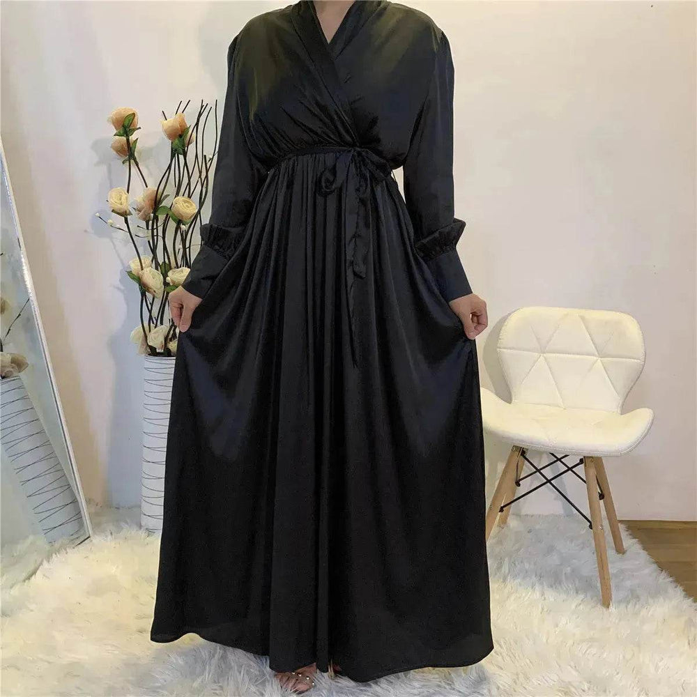 Elegant V-Neck Plain color Dubai Abaya Turkey Satin Abaya for ArabWomen Middle East dress for Women - EX-STOCK Canada