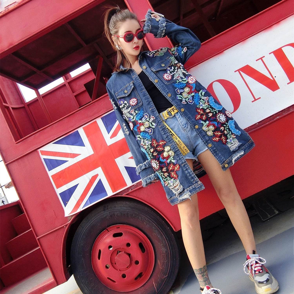 Fashion Loose Mid length Long Sleeved Denim Jacket Women EX-STOCK Canada