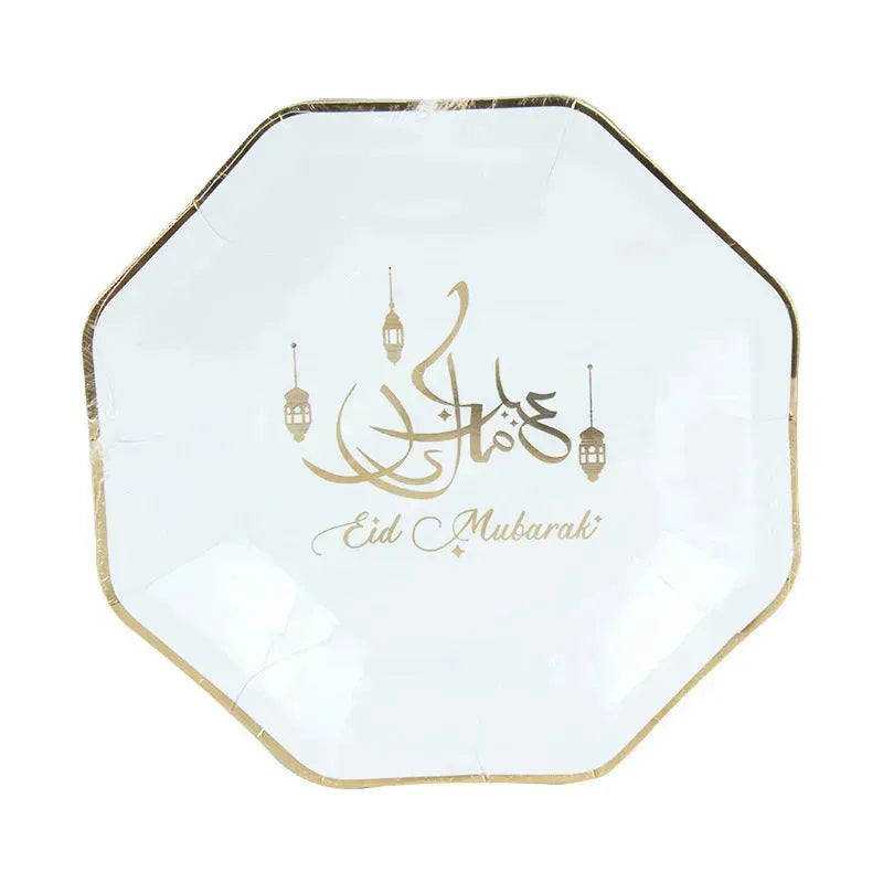 Eid Mubarak White Paper Plate Paper Cup Paper Towel Ramadan Disposable Tableware Party Supplies - EX-STOCK CANADA
