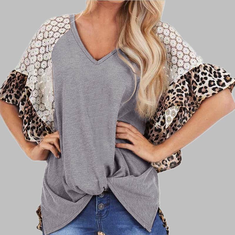 Leopard Patchwork Women Loose V-neck Tops Tee Batwing Sleeve Top Women Summer Short Sleeve - EX-STOCK Canada