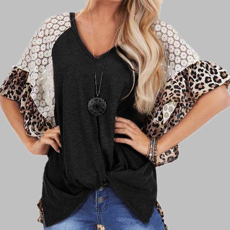 Leopard Patchwork Women Loose V-neck Tops Tee Batwing Sleeve Top Women Summer Short Sleeve - EX-STOCK Canada