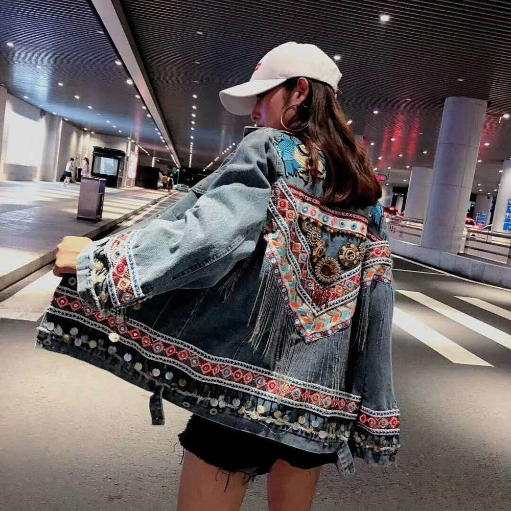 Heavy Industry Flower Embroidery Beaded Sequins Retro Fashion Long-sleeved Denim Jacket Women EX-STOCK Canada