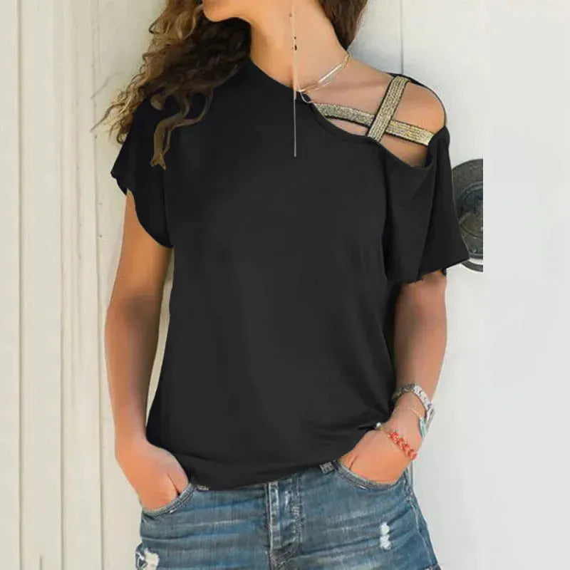 Women Skew Neck Summer Irregular Criss Cross Short Sleeves Sexy Off Shoulder Solid Tops Blusa Femme One Shoulder Blouse - EX-STOCK CANADA