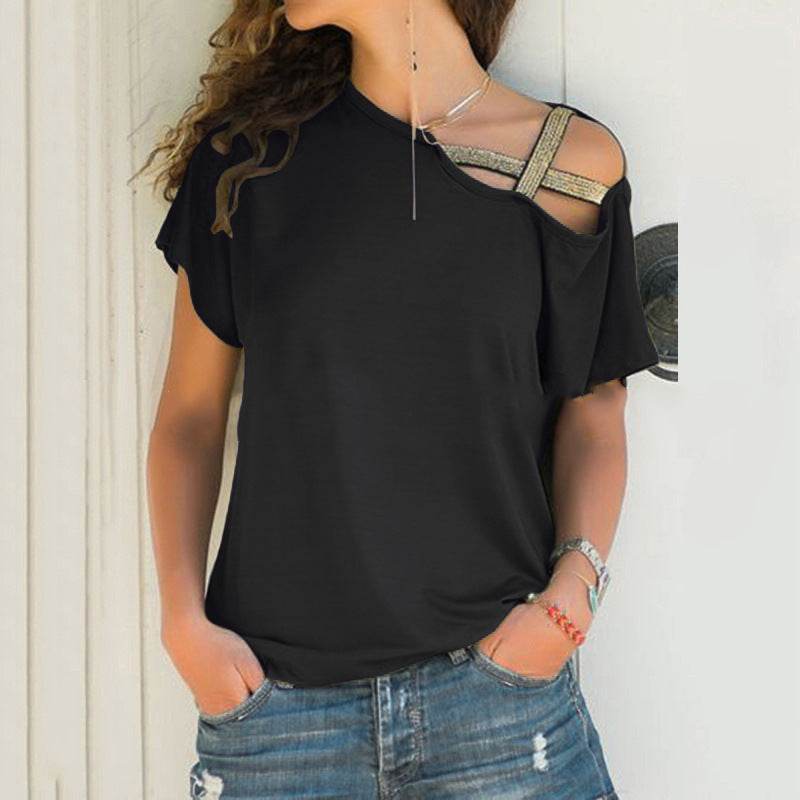 Women Skew Neck Summer Irregular Criss Cross Short Sleeves Sexy Off Shoulder Solid Tops Blusa Femme One Shoulder Blouse - EX-STOCK Canada