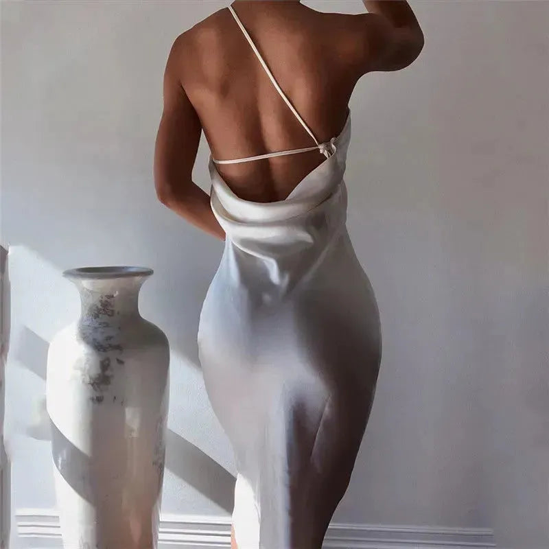 Elegant Women's Midi Satin Dress One Shoulder Spaghetti Strap Backless Ruched Summer DRESS - EX-STOCK CANADA
