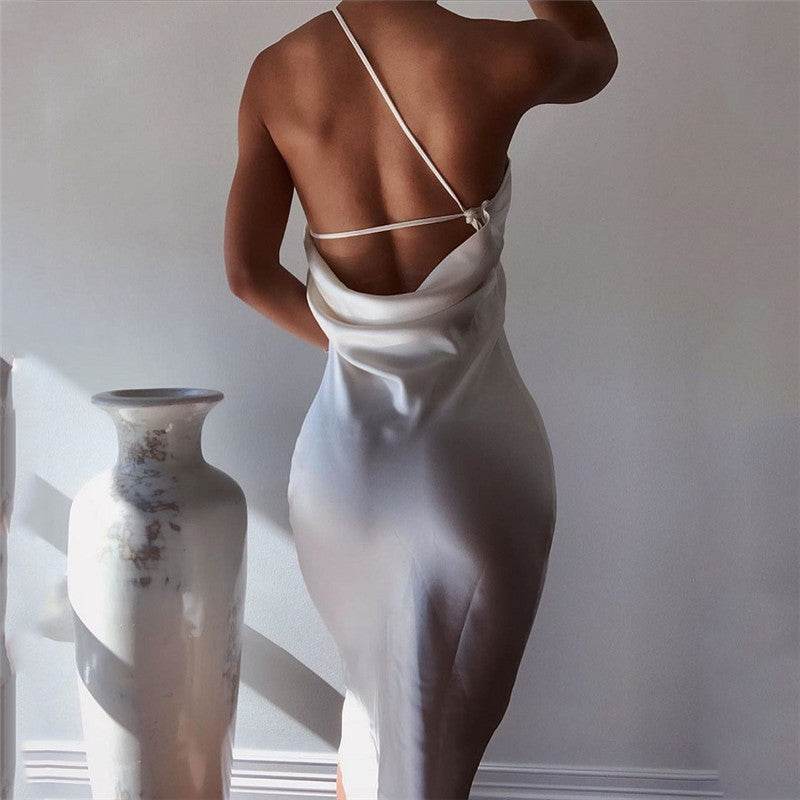 Elegant Women's Midi Satin Dress One Shoulder Spaghetti Strap Backless Ruched Summer DRESS - EX-STOCK Canada
