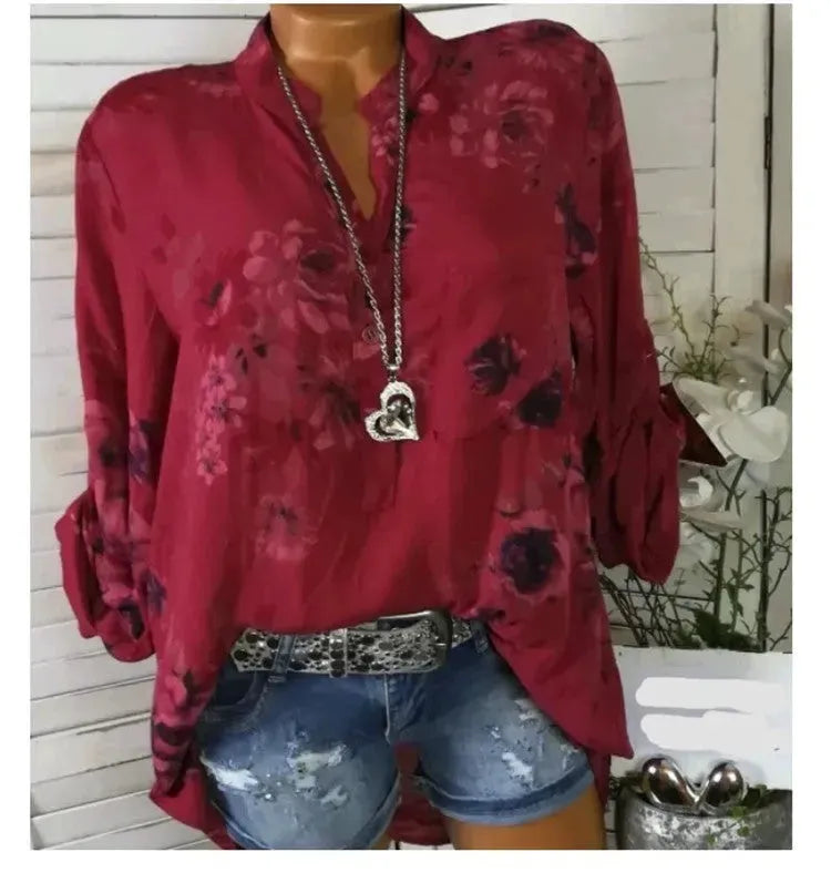5XL Plus Size Summer Tops Women Blouses Long Sleeve Print Stand Collar Button Blouse Pullover Womens Clothing Blusa - EX-STOCK CANADA
