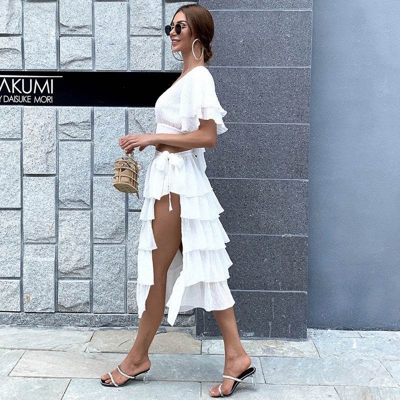 2pcs Summer White Vacation Resort Beach Outfit set summer fashion - EX-STOCK Canada