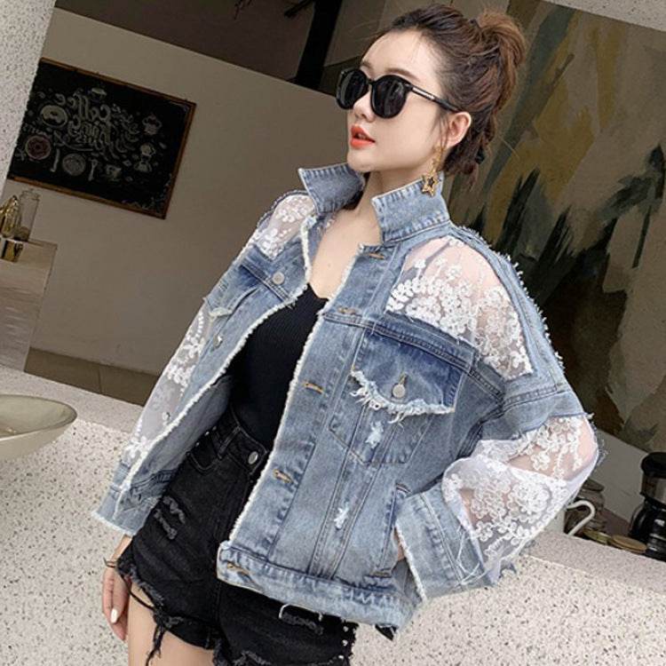 Denim Short Jacket Women Trendy Fashion Casual Lace Stitching Loose Sun Protection Clothing EX-STOCK Canada