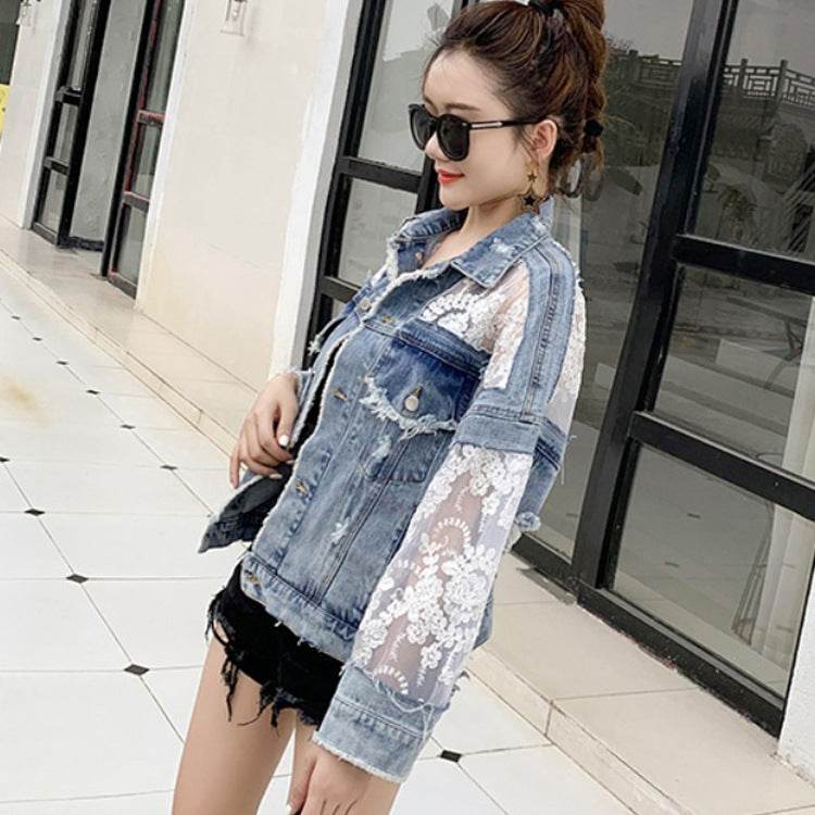 Denim Short Jacket Women Trendy Fashion Casual Lace Stitching Loose Sun Protection Clothing EX-STOCK Canada
