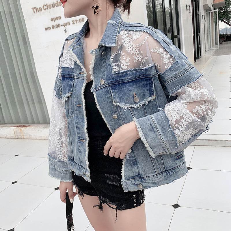 Denim Short Jacket Women Trendy Fashion Casual Lace Stitching Loose Sun Protection Clothing EX-STOCK Canada
