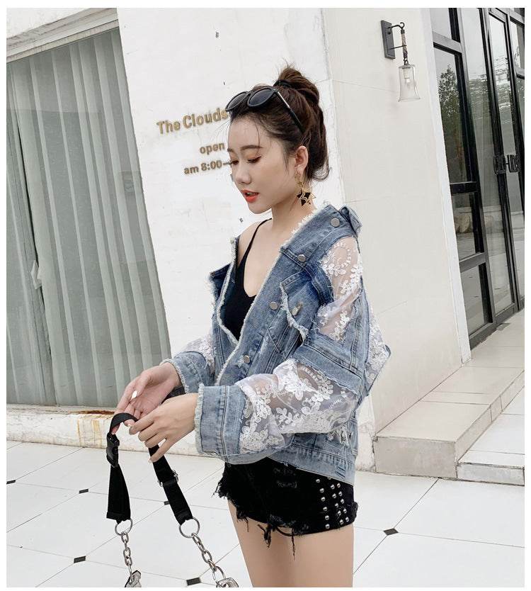 Denim Short Jacket Women Trendy Fashion Casual Lace Stitching Loose Sun Protection Clothing EX-STOCK Canada