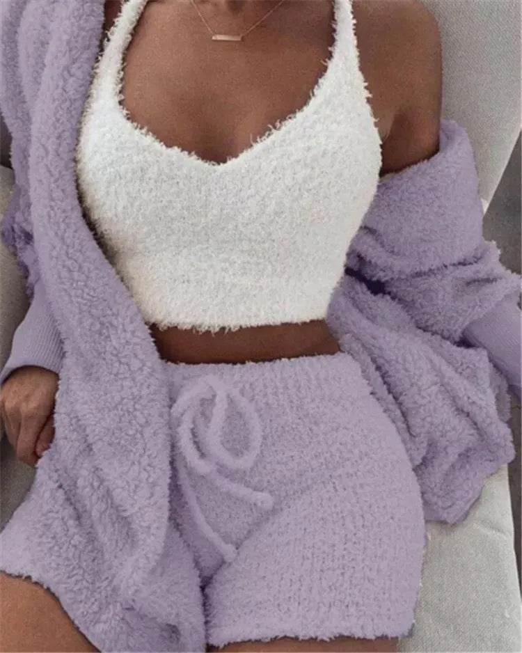 Winter Sexy Women Home Wear Suit Casual Pajamas Set Lady Female Soft Warm Long Sleeve Exposed Navel Vest Shorts Set - EX-STOCK Canada